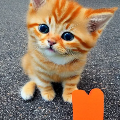 Image similar to cute fluffy orange tabby kitten with a sign that says