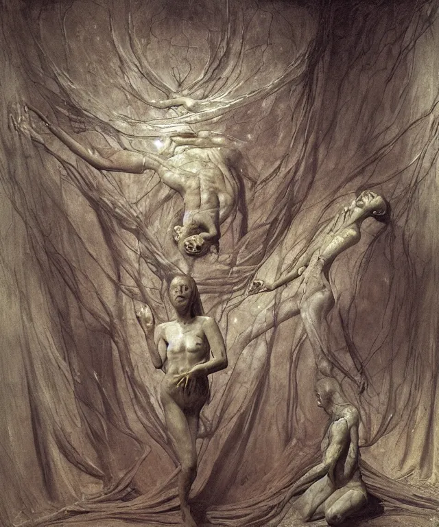 Image similar to The room without doors and windows with beautiful full-body wax sculpture of the glowing woman with visible golden bones inside her in the singularity where stars becoming baroque folds of dark matter by Michelangelo da Caravaggio, Nicola Samori, William Blake, Alex Grey and Beksinski, dramatic volumetric lighting, detailed oil painting, 8k, masterpiece