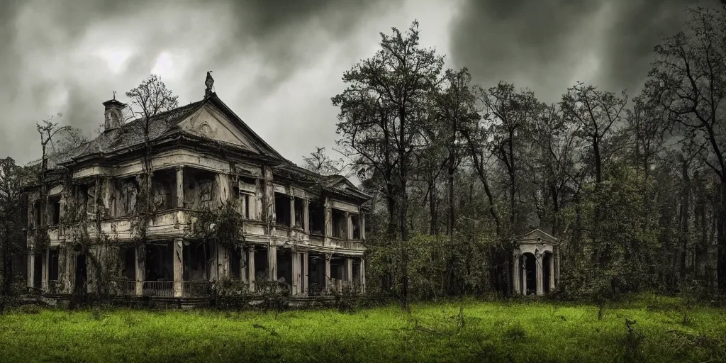 Image similar to a haunted old villa in the middle of an ancient forest, ominous Sky, gloomy atmosphere, cinematic, mist, High definition, 8k, ultra detailed