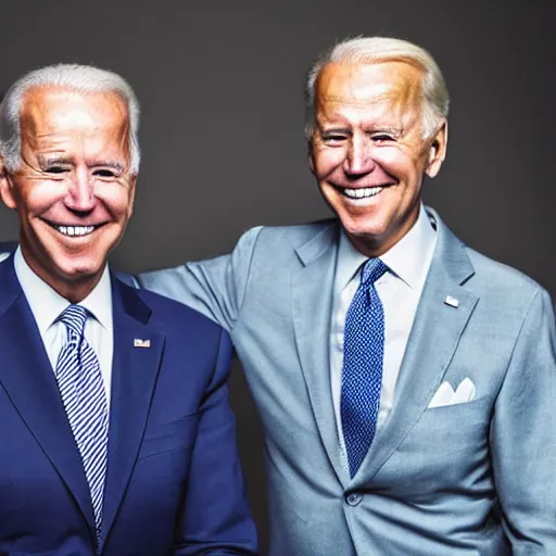 Image similar to A portrait photo of joe biden teams up with a teenage joe biden, perfect faces, 50 mm, award winning photography