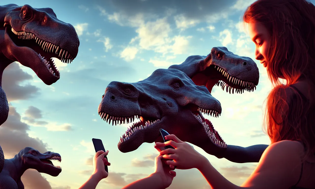 Image similar to portrait of a girl making selfie with her beloved tyrannosaurus, high detail, raytracing, back light, digital art, raymarching, by zdenek burian