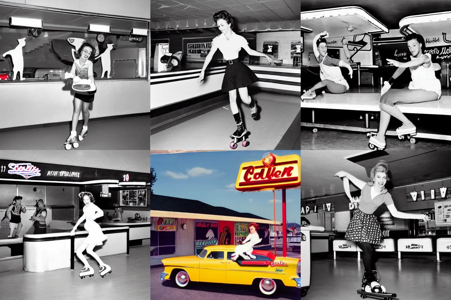 Prompt: roller skating cat carhop at a 1950s drive-in diner