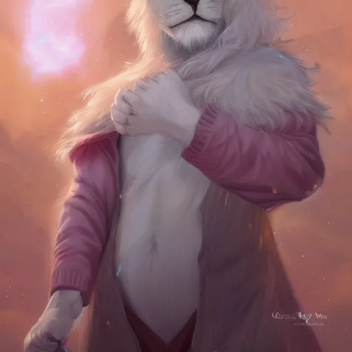 Prompt: aesthetic portrait commission of a albino male furry anthro lion surrounded by soft pastel rainbows while wearing a soft wizard outfit, winter Atmosphere. Character design by charlie bowater, ross tran, artgerm, and makoto shinkai, detailed, inked, western comic book art, 2021 award winning painting