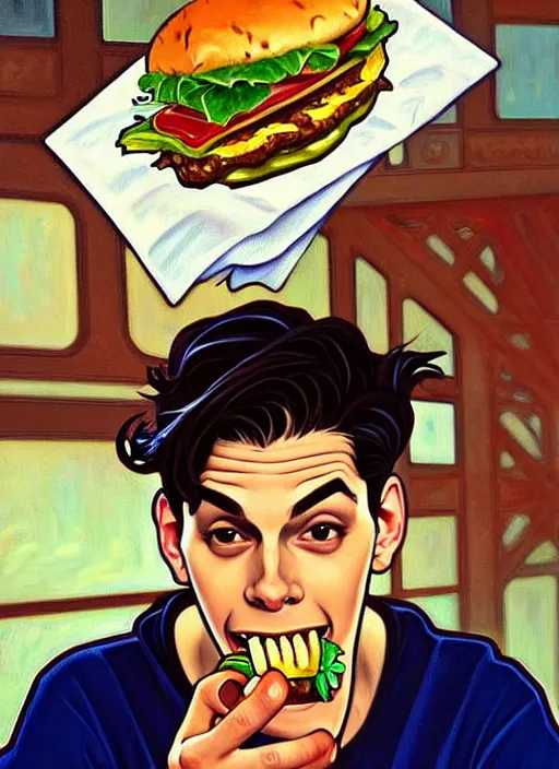 Prompt: oil painting, jughead jones devours a hamburger, intricate, elegant, highly detailed, lighting, painting, artstation, smooth, illustration, art by greg rutowski and alphonse mucha