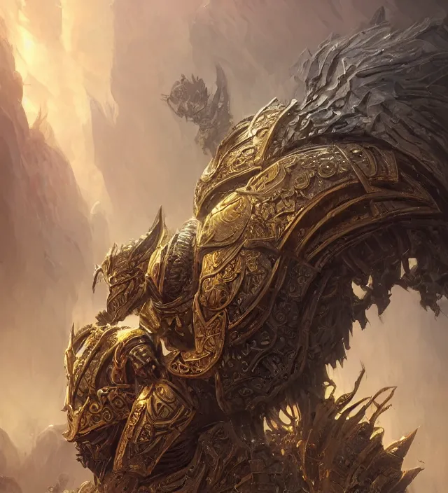 Image similar to a dungeons and dragons storm giant portrait, intricate ornate armor, subject in the middle of the frame, rule of thirds, golden ratio, elegant, digital painting, octane 4k render, zbrush, hyperrealistic, artstation, concept art, smooth, sharp focus, illustration from Warcraft by Ruan Jia and Mandy Jurgens and Artgerm and William-Adolphe Bouguerea