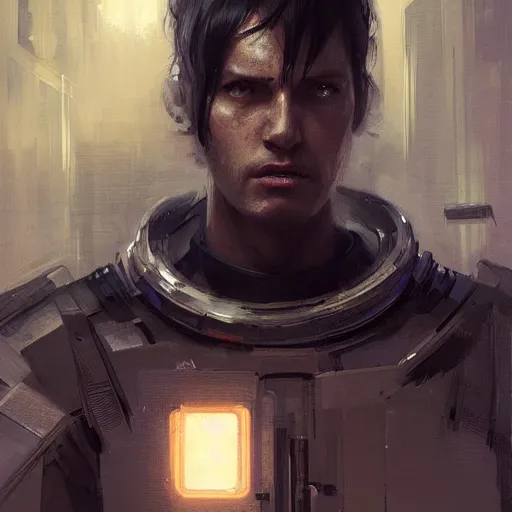 Prompt: portrait of a man by greg rutkowski, he is about 3 0 years old, short black hair with bangs, expression of terror and bewilderment, very tall and slender, he is wearing futuristic space gear, highly detailed portrait, digital painting, artstation, concept art, smooth, sharp foccus ilustration, artstation hq