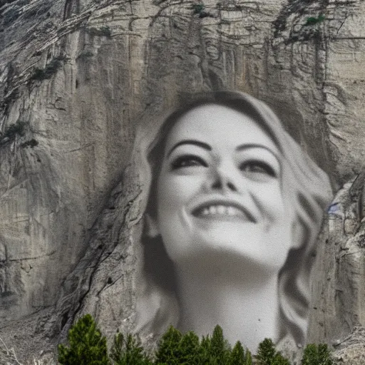 Prompt: landscape of rushmore mountain with emma stone's face in stone
