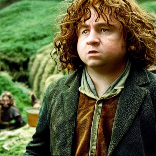 Image similar to Bartook is a twenty-something hobbit with curly brown hair who is slightly overweight, high resolution film still, movie by Peter Jackson