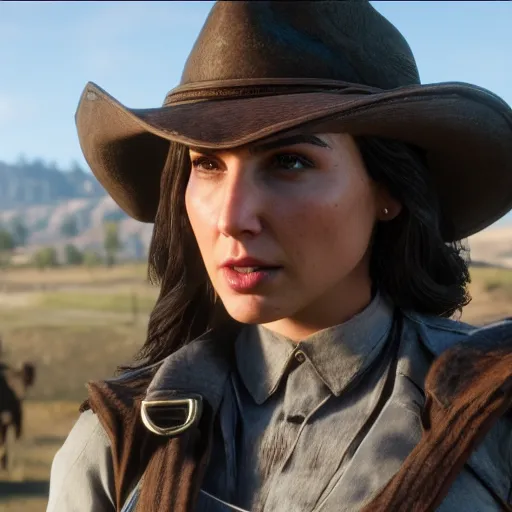 Prompt: Film still of Gal Gadot, from Red Dead Redemption 2 (2018 video game)