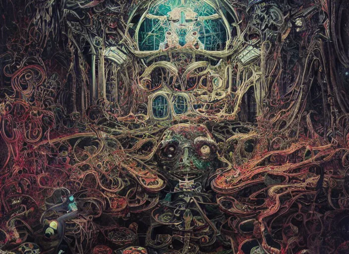 Image similar to eventually even humans who avoided the world were drawn into its madness. inside an grand, ornate brutalist space ship, creepy, diabolical, dark, mystical, hyper surrealism, neo - gothic, neon glow, intricate and highly detailed painting by james jean, adrian ghenie, takato yamamoto, and gerhard richter.