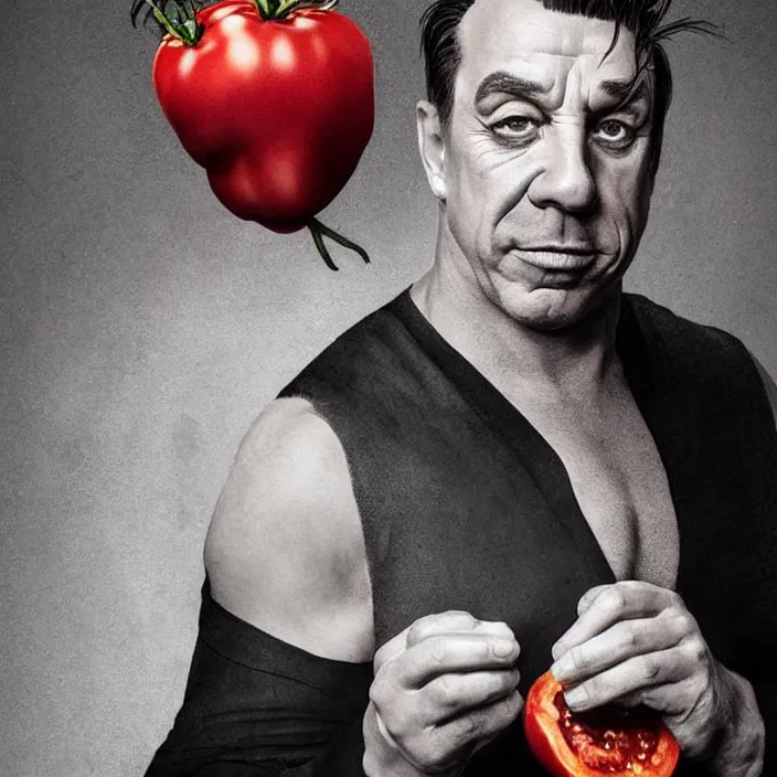 Image similar to portrait of till Lindemann. Caricature artwork. trending on artstation, very coherent symmetrical artwork. He's eating a tomato. He cosplays thanos. cinematic, hyper realism, high detail, newspaper illustration, iridescent accents