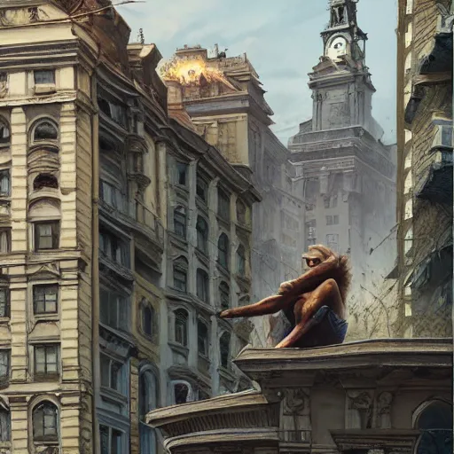 Image similar to werewolf sitting highly on lviv building, panorama, portrait, highly detailed, full body, digital painting, trending on artstation, concept art, sharp focus, illustration, art by artgerm and greg rutkowski and magali villeneuve