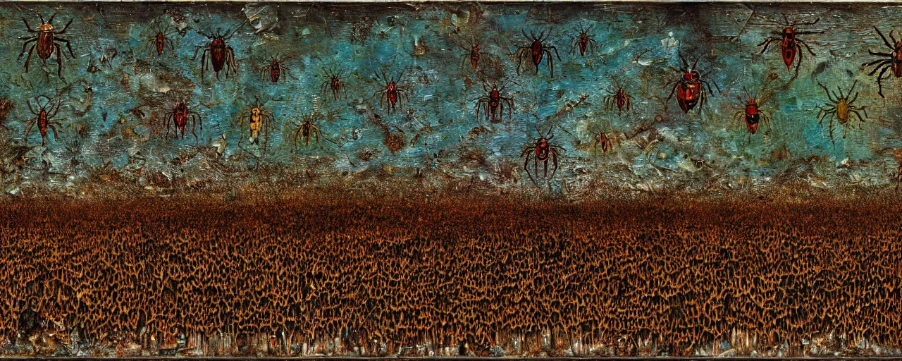 Image similar to strange giant insects, beetles, spiders and flies, swarming in a cornfield, oil painting by max ernst and anselm kiefer, decay, mixed media, textured, sharp focus, highly detailed, photographic emulsion cracked and peeling, rust, cinematic lighting, 8 k, hd