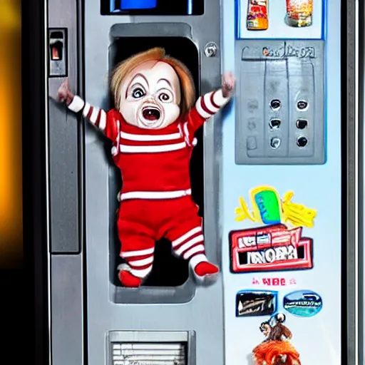 Image similar to tiny screaming chucky doll climbing out of a vending machine