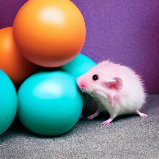 Prompt: pink hamster having fun in colorful balls, realistic photography, warm colours, marc caro and jean - pierre style, high quality image, 4 k, hyper detailed