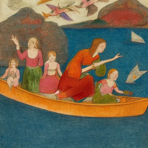 Prompt: The conceptual art depicts a group of well-dressed women and children enjoying a leisurely boat ride on a calm day. The women are chatting and laughing while the children play with a toy boat in the foreground. by Phoebe Anna Traquair flowing