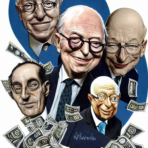 Image similar to Jacob Rothschild and george soros, bill gates and Klaus Schwab by Ralph Steadman, are counting stacks of money around a desk globe illustration, body horror, biopunk, 8k , trending on artstation