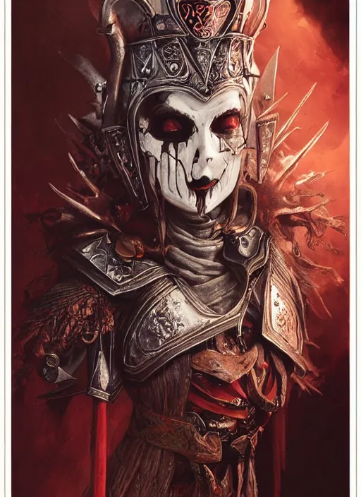 Image similar to Queen of Hearts wearing Viking War Helmet, Death Tarot card,highly detailed,half skull face,cinematic,8k,by Stanley Artgermm,Tom Bagshaw,Greg Rutkowski,Carne Griffiths, Ayami Kojima, Beksinski, Giger,trending on DeviantArt,hyper detailed,horror, full of colour