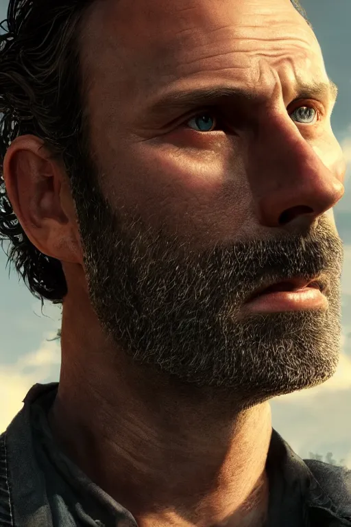 Image similar to portrait art of rick grimes 8 k ultra realistic, digital art, character portrait, highly detailed, trending on artstation, lens flare, atmosphere, hyper realistic, cinematic lightning, sharp focus, unreal engine 5, extreme details perfect face, pretty face, fine - face, illustration, 8 k, ultra texture, masterpiece