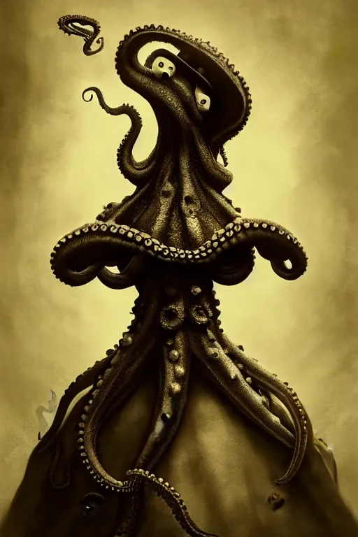 Image similar to wet plate photograph of an anthropomorphic octopus dressed in a victorian - era ballgown, dramatic lighting, highly detailed, digital painting, artstation, concept art, smooth, sharp focus, illustration, art by wlop, mars ravelo and greg rutkowski