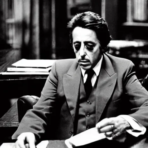 Image similar to al pacino in the godfather seated at his desk