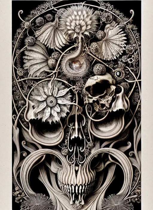 Image similar to art forms of nature by ernst haeckel, memento mori by arthur rackham, ornate antique porcelain beautiful skull mask, ultrasharp, photorealistic, hyperdetailed, octane render, polished, art nouveau, neo - gothic, gothic, intricate ornamental organic filigree, art nouveau botanicals, art forms of nature by ernst haeckel, horizontal symmetry, symbolist, visionary