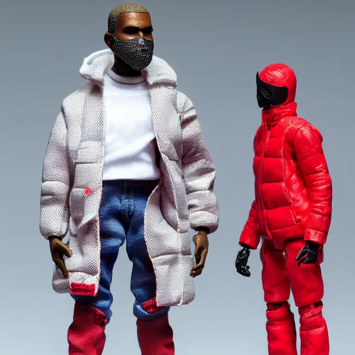 Image similar to a action figure of kanye west using full face - covering mask with small holes. a small, tight, undersized reflective bright red round puffer jacket made of nylon. a shirt underneath. red jeans pants made of nylon. a pair of red shoes, figurine, detailed product photo, 4 k, realistic, acton figure, studio lighting, professional photo