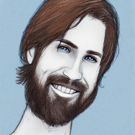 Prompt: sketch of a caucasian face, medium long brown hair, bad skin, short beard, skinny, blue eyes, smiling, ultrarealistic