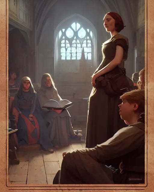 Image similar to middle ages lecture, old teacher speaks to young students | | realistic shaded, fine details, realistic shaded lighting poster by greg rutkowski, diego gisbert llorens, magali villeneuve, artgerm, jeremy lipkin and rob rey