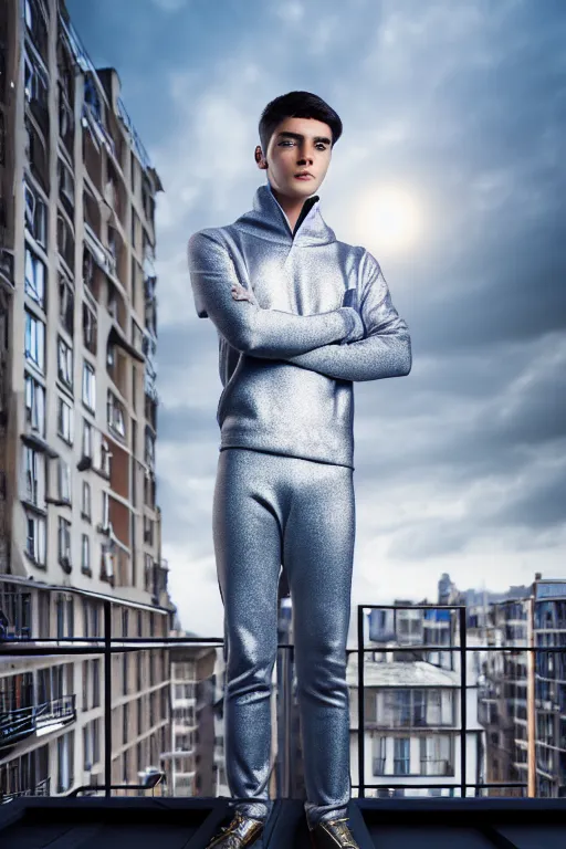 Image similar to un ultra high definition studio quality photographic art portrait of a young man standing on the rooftop of a british apartment building wearing soft padded silver pearlescent clothing. three point light. extremely detailed. golden ratio, ray tracing, volumetric light, shallow depth of field. set dressed.