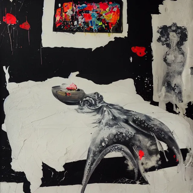 Image similar to bedroom with black walls and a futon, sensual portrait of a woman sleeping, cracked handmade pottery vase, torn paper smouldering smoke, candles, white flowers on the floor, puddle of water, octopus, squashed berries, neo - expressionism, surrealism, acrylic and spray paint and oilstick on canvas
