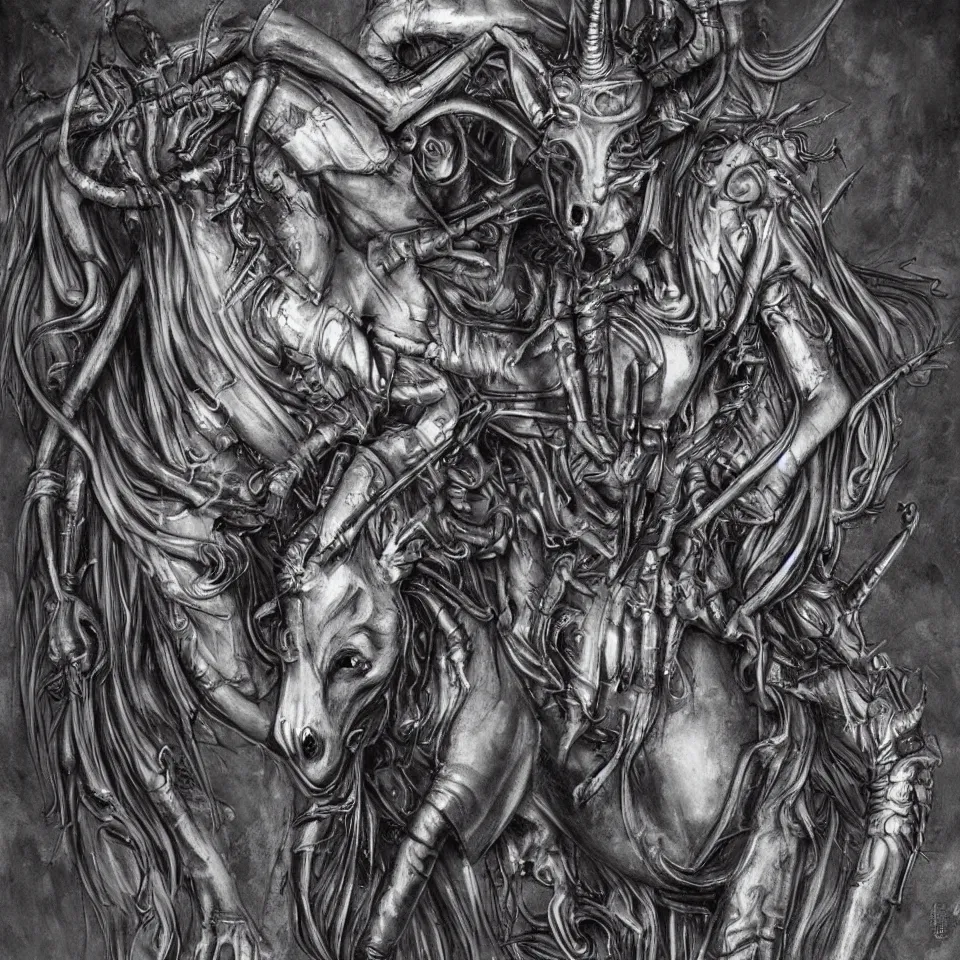 Image similar to an unicorn in Giger style