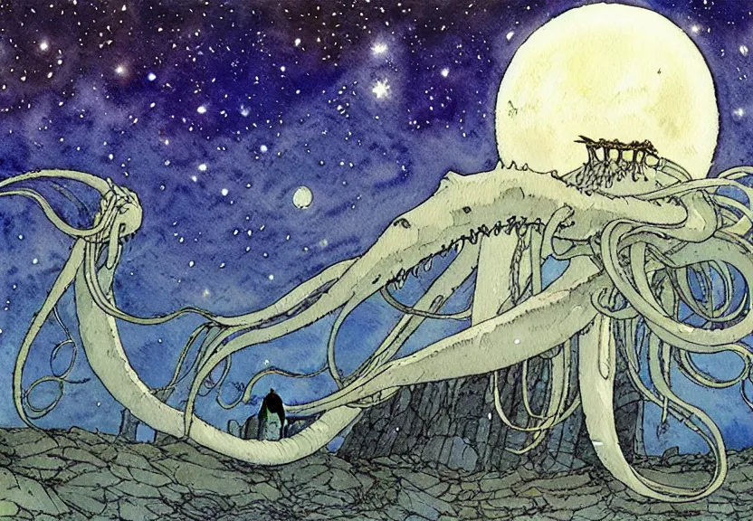 Image similar to a simple watercolor studio ghibli movie still fantasy concept art of a giant squid from princess mononoke ( 1 9 9 7 ) in stonehenge. it is a misty starry night. by rebecca guay, michael kaluta, charles vess