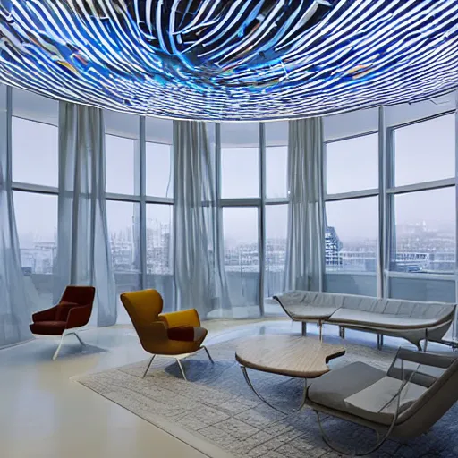 Prompt: an apartment built out of electricity and water, studio lighting, very detailed, high quality photo, designed by zaha hadid, sculped by Norman foster