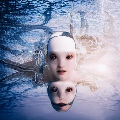 Image similar to beautiful centered fine art photo portrait of hoyeon jung as a solarpunk robotic humanoid treading above water, white mechanical parts with led lights, ultra - realistic and detailed, white background, sun lighting, soft focus, slow exposure hdr 8 k