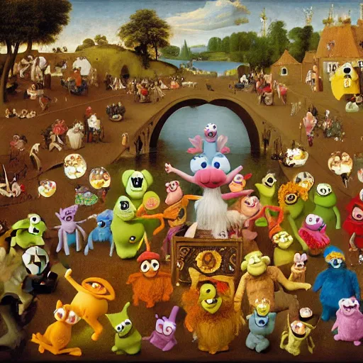 Image similar to painting of muppets and teletubbies and furbies, in the style of hieronymus bosch and johannes vermeer