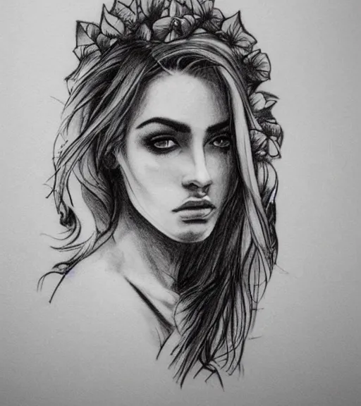 Prompt: tattoo design sketch of a beautiful woman face against a background of beautiful mountains and nature, hyper - realistic, in the style of den yakovlev, amazing detail, black and white