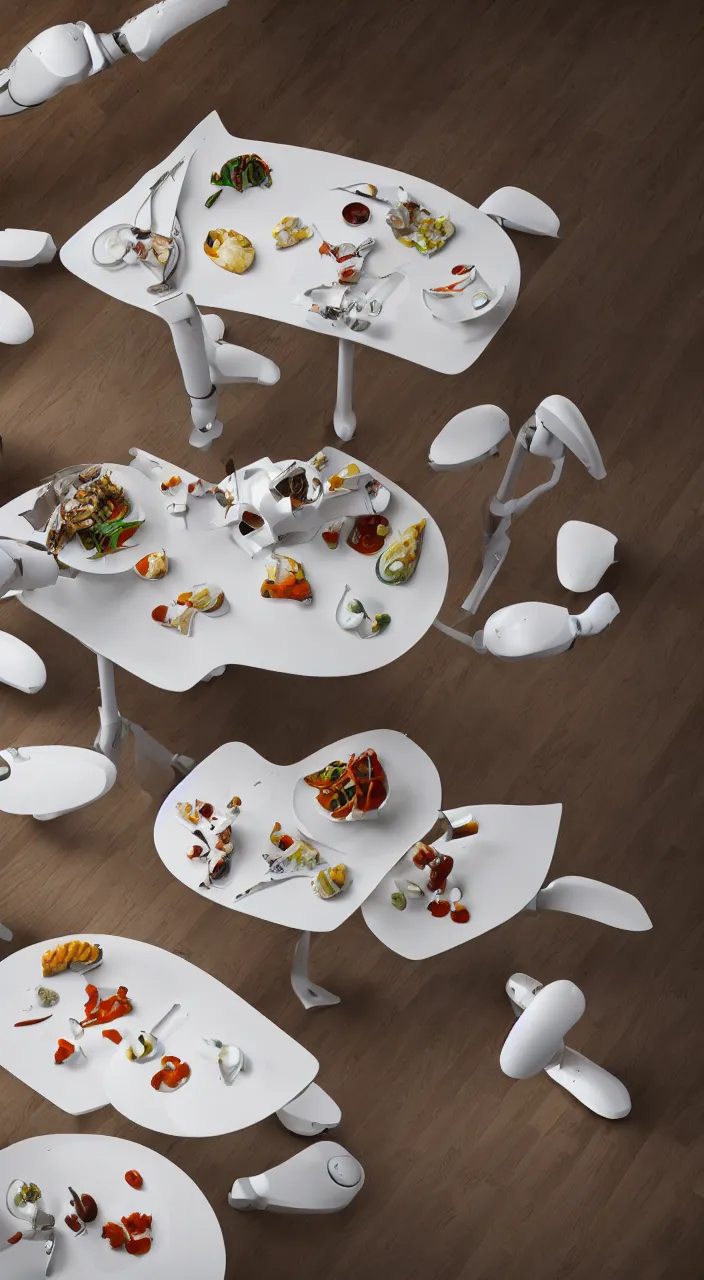 Image similar to three large white glossy kuka industrial robot arms on the floor around a dinner table, the kuka industrial robot arms are wearing bow ties, the table is full of food, they are having dinner inside a fine dining restaurant with mid century modern furniture and decor, global illumination, artstation, fantasy