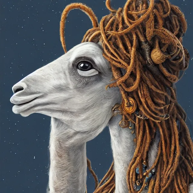 Prompt: llama with dreadlocks, industrial scifi, by mandy jurgens, ernst haeckel, by hsiao, james jean