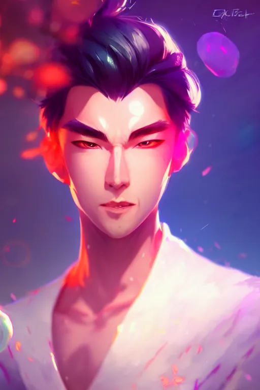 Image similar to character design, anbeno seimei, blurred environment background, colorful magic effects, white skin, portrait, male, clothed, sharp focus, digital art, concept art, trending on artstation, dynamic lighting, by emylie boivin and rossdraws