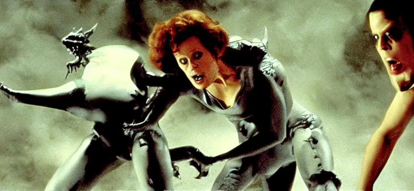 Image similar to sigourney weaver fighting a monster in a film still from a roger corman film, hyperrealistic