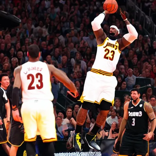 Prompt: lebron james dunking with a meatball