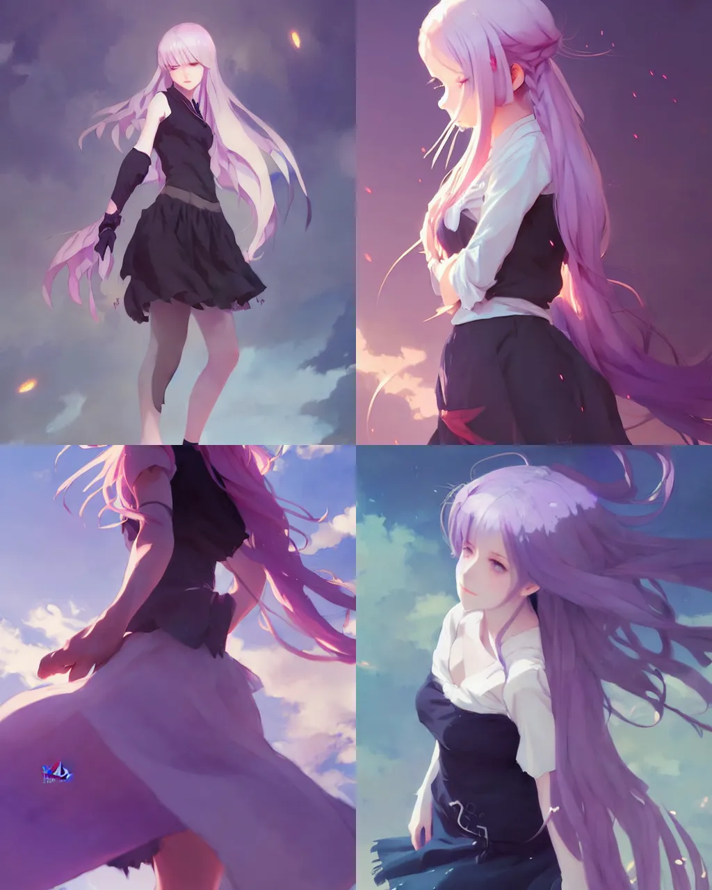 Prompt: a girl with lavender hair and black skirt, a beautiful half body illustration, top lighting, perfect shadow, soft painting, reduce saturation, leaning towards watercolor, art by hidari and krenz cushart and wenjun lin and lerapi