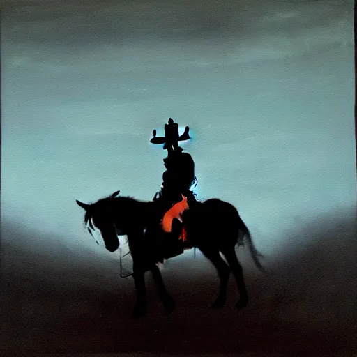 Image similar to a painting of a silhouette of a cowboy riding a horse into the dark horizon, high contrast, black and blue color scheme, dark, creepy, night, far away, in the distance, in the style of Norman Rockwell