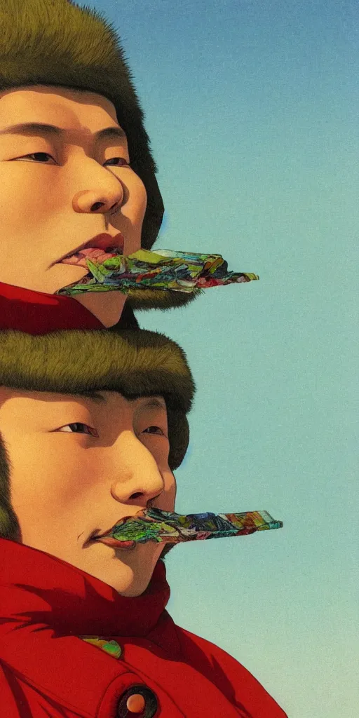 Image similar to a closeup portrait of a young siberian man eating a blotter paper of LSD acid and dreaming psychedelic hallucinations in the vast icy landscape of Antarctica, by kawase hasui, moebius and Edward Hopper, colorful flat surreal design, hd, 8k, artstation
