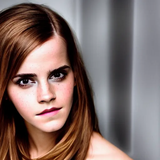 Image similar to Portrait photography of Emma Watson with glowing purple eyes