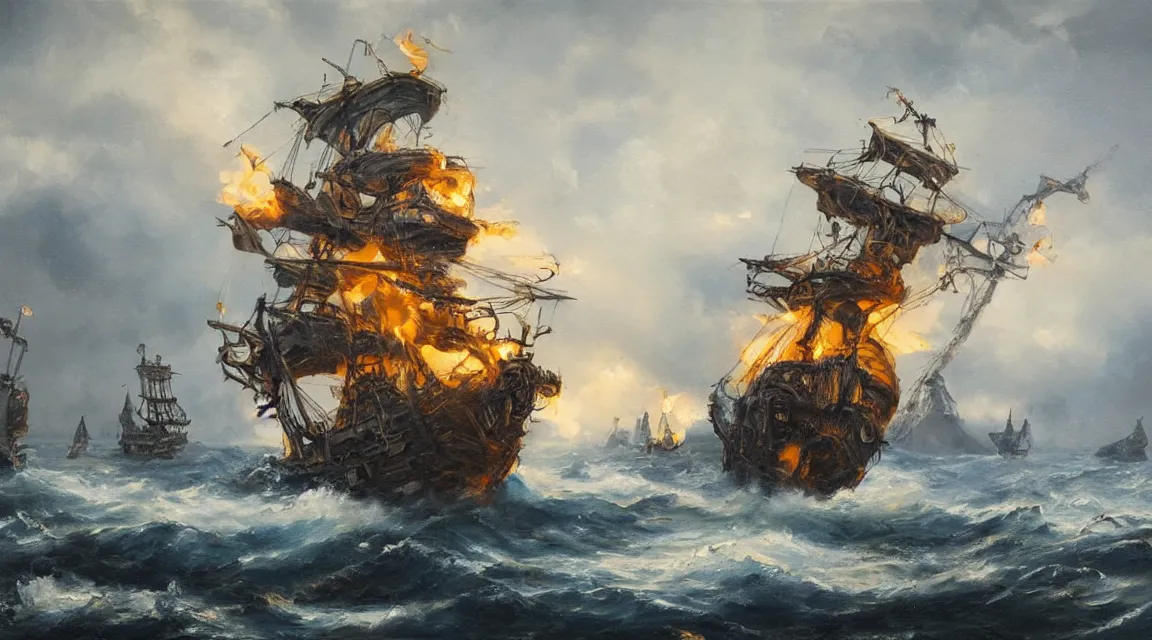 Image similar to oil painting of a pirate ship being attacked by a kraken