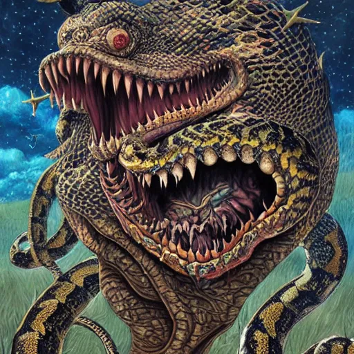 Prompt: hyper - detailed high painting of giant heads joined by snakes, the heads are open they have spiked scales and sharp teeth, the mouth is open and monstrous beings of all kinds run and scream, horror surreal art cosmic horror weird bizarre art