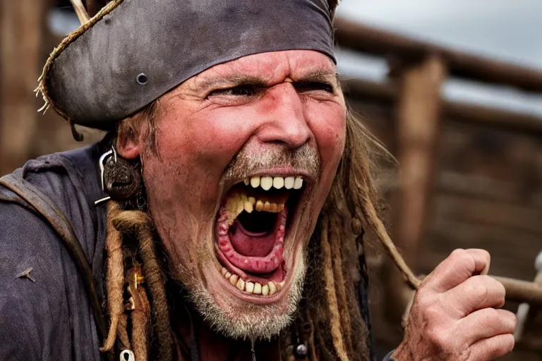 Image similar to closeup old pirate yelling on an old pirate ship, by emmanuel lubezki