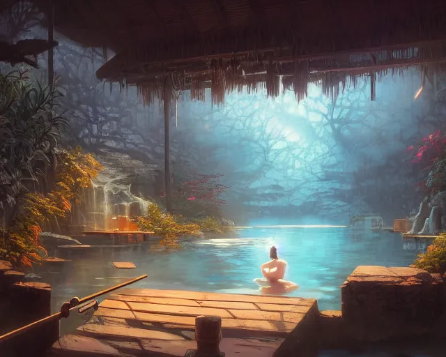 Prompt: highly detailed picture of an onsen, stephen bliss, unreal engine, fantasy art by greg rutkowski, loish, rhads, ferdinand knab, makoto shinkai and lois van baarle, ilya kuvshinov, rossdraws, tom bagshaw, global illumination, radiant light, detailed and intricate environment